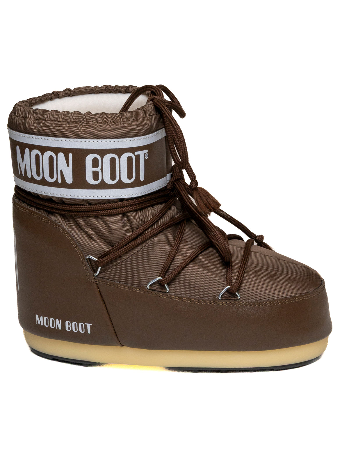 Doposci basso Icon Low in nylon cocoa Moon Boot visto di profilo con suola spessa