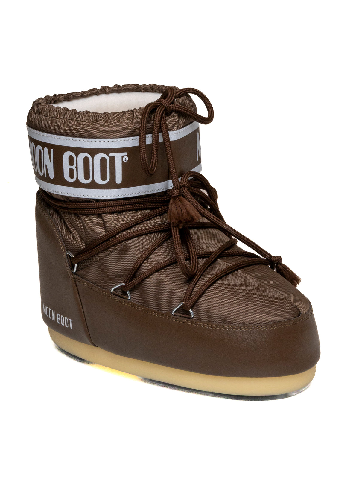 Doposci Icon Low nylon cocoa Moon Boot vista tre quarti frontale con allacciatura e coulisse