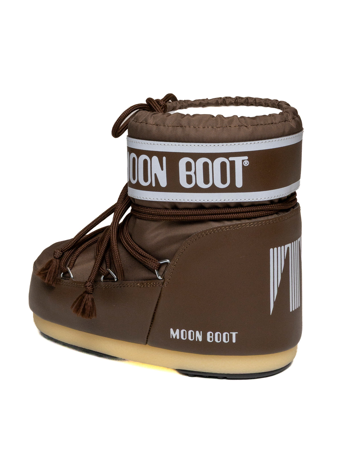 Doposci Icon Low nylon cocoa Moon Boot vista posteriore con logo verticale e tallone