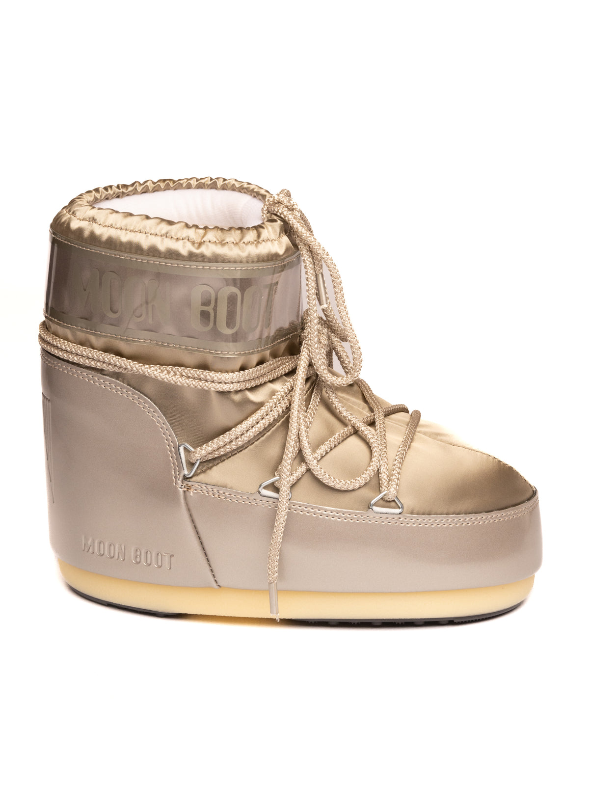 Doposci in tessuto satinato platinum MOON BOOT vista laterale esterna con lacci e suola