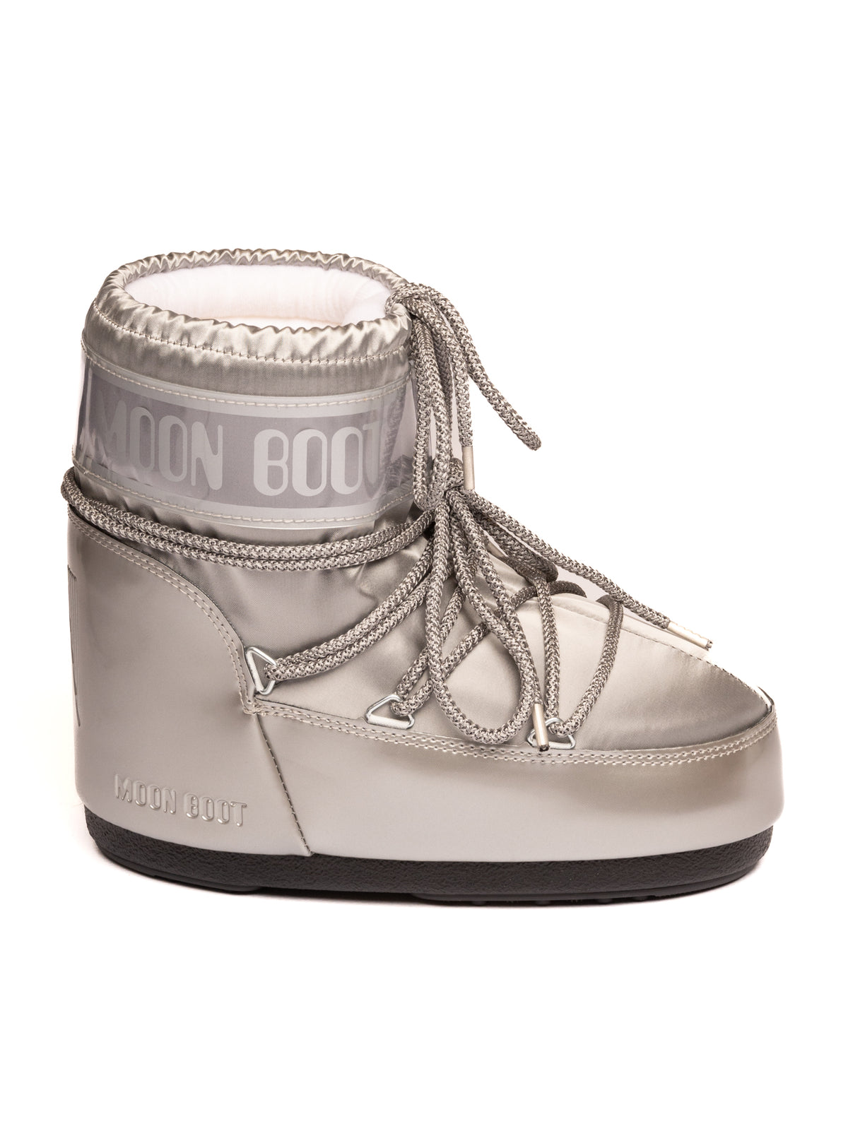 Stivaletto doposci in nylon argento Moon Boot, vista laterale esterna con fascia logata