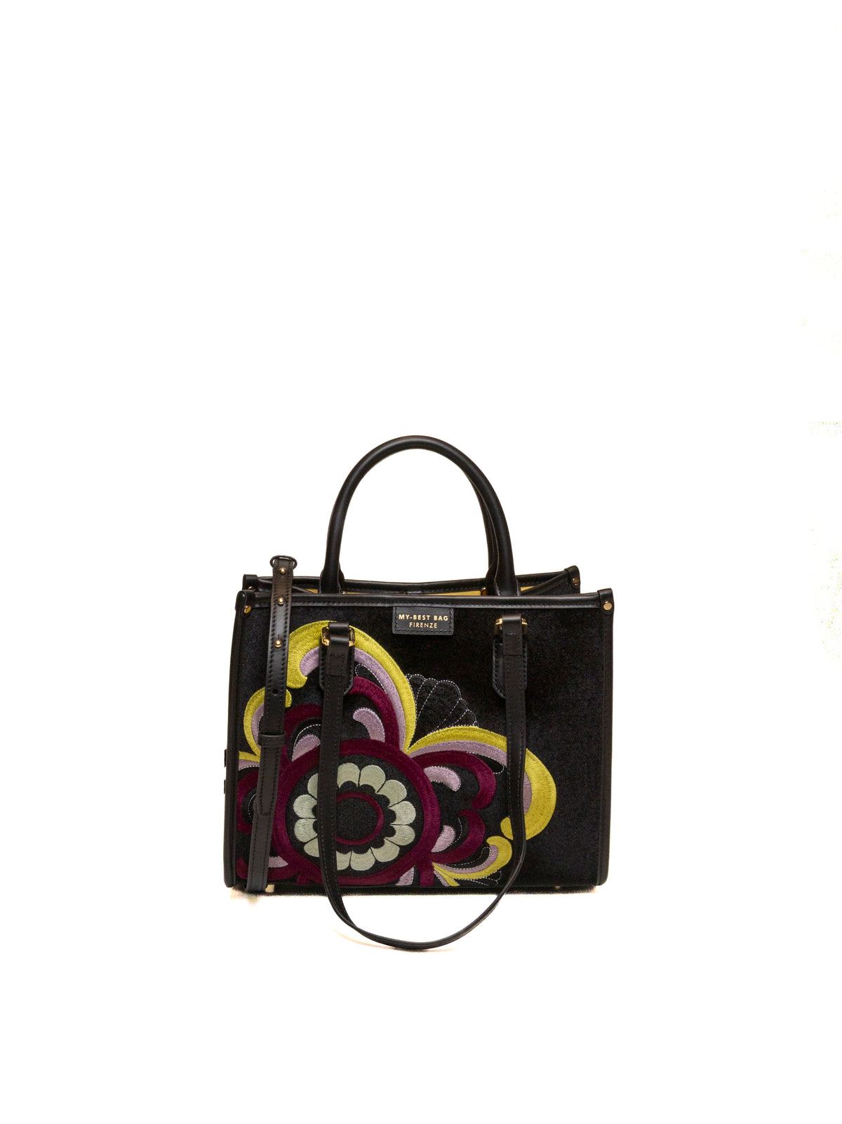 Borsa a mano in tessuto nero MY-BEST BAG con ricamo floreale, vista frontale