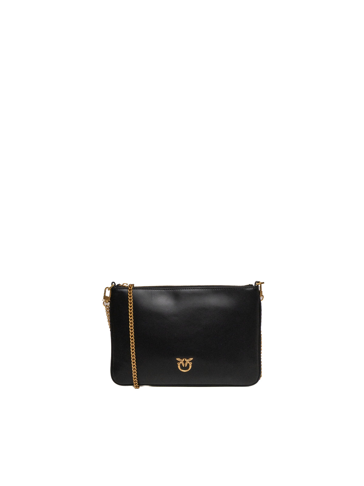 Pochette rettangolare in pelle nera PINKO con logo dorato Love Birds sul fronte