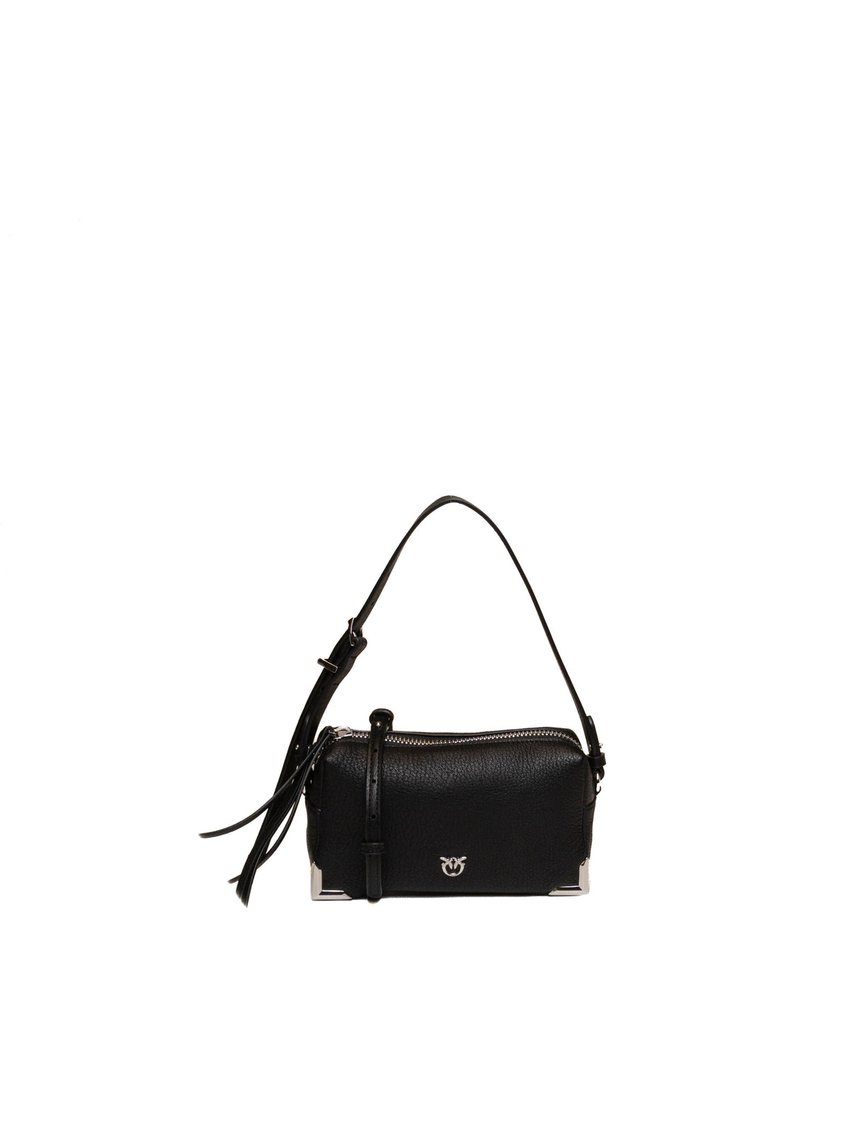 Borsa a spalla in pelle martellata nera PINKO con logo metallico sul fronte.