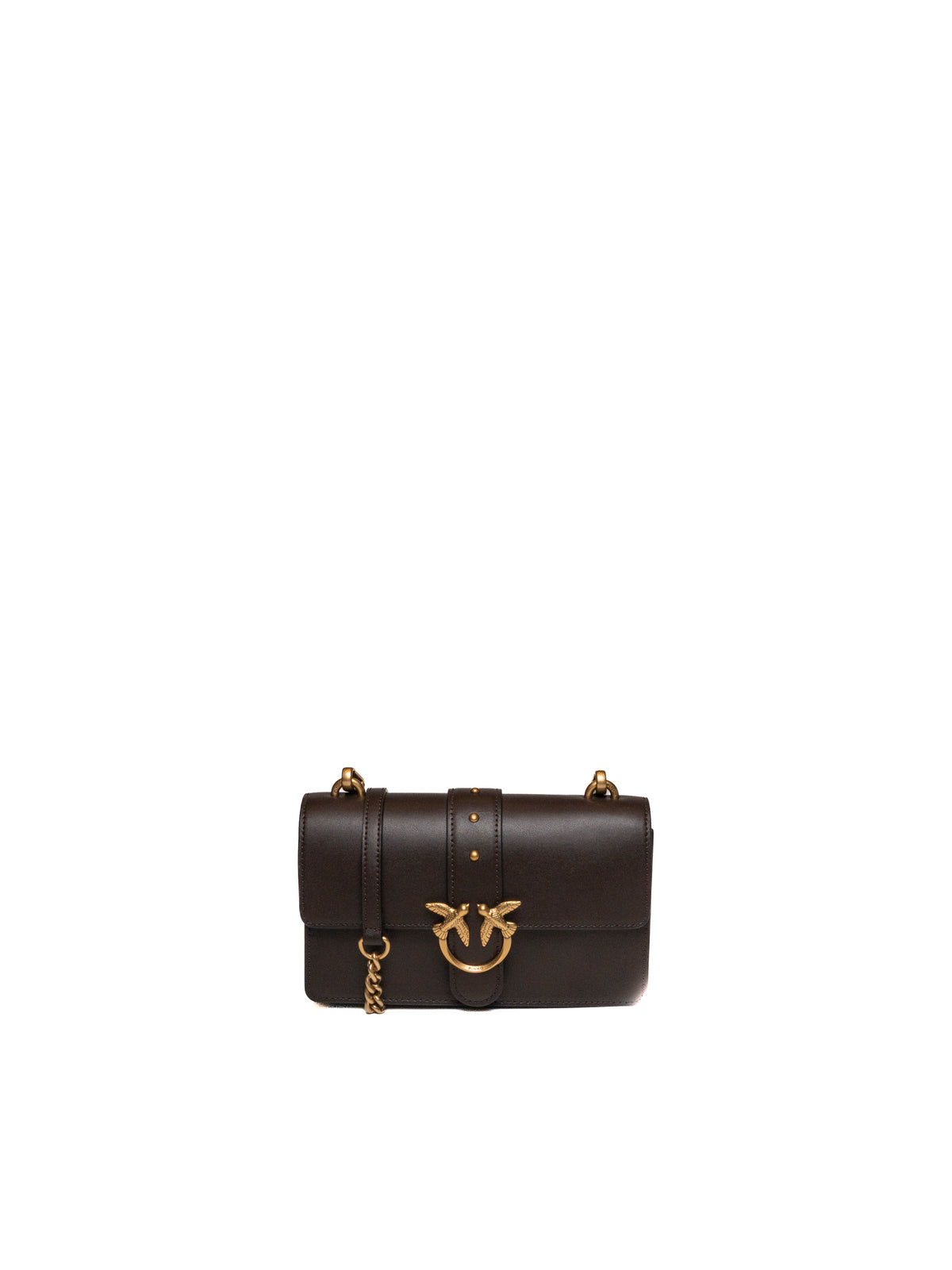 Borsa a tracolla in pelle marrone scuro PINKO con fermaglio dorato e patta frontale.