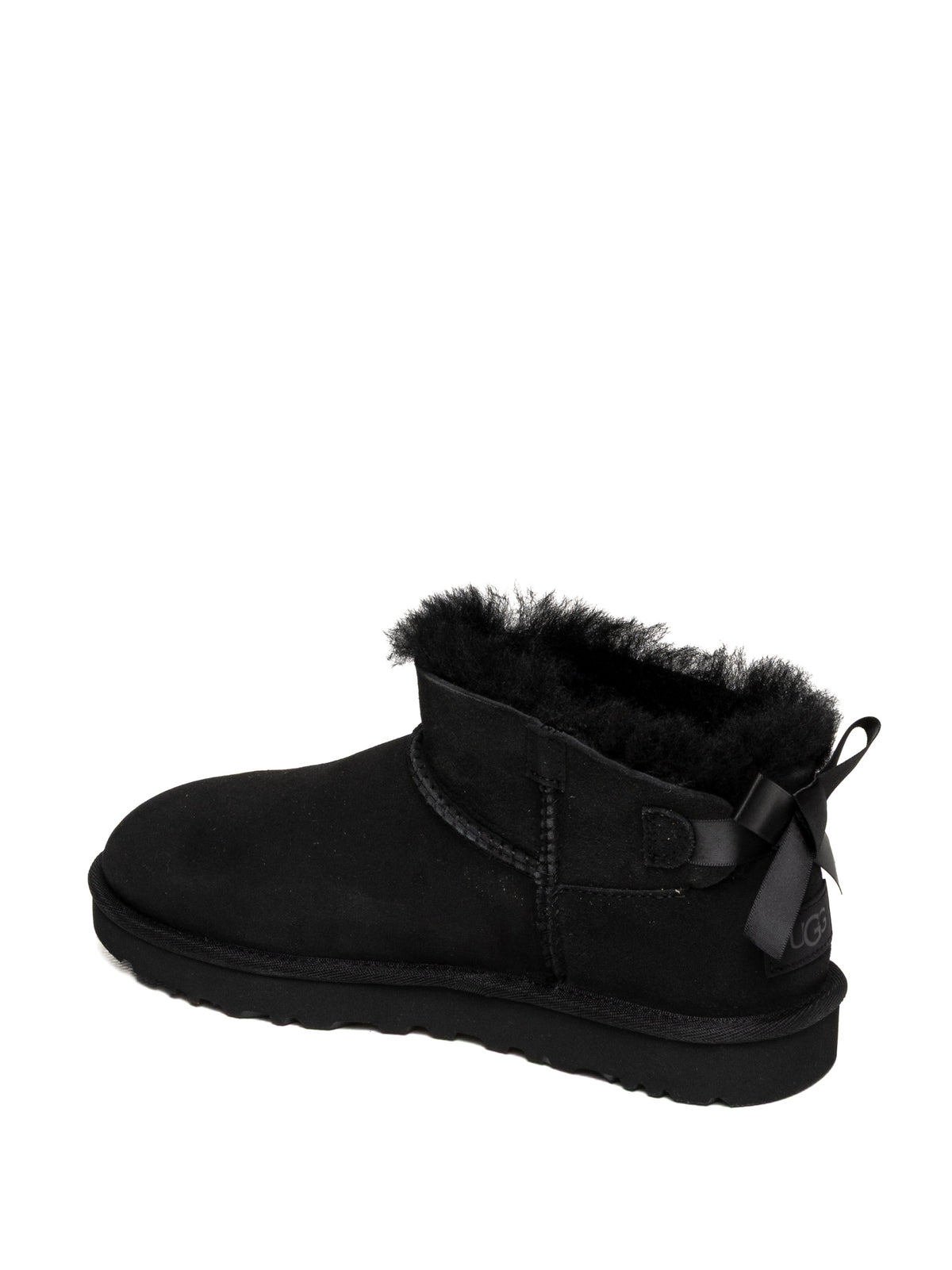Stivaletto Ultra Mini in camoscio nero UGG vista posteriore con fiocco e logo
